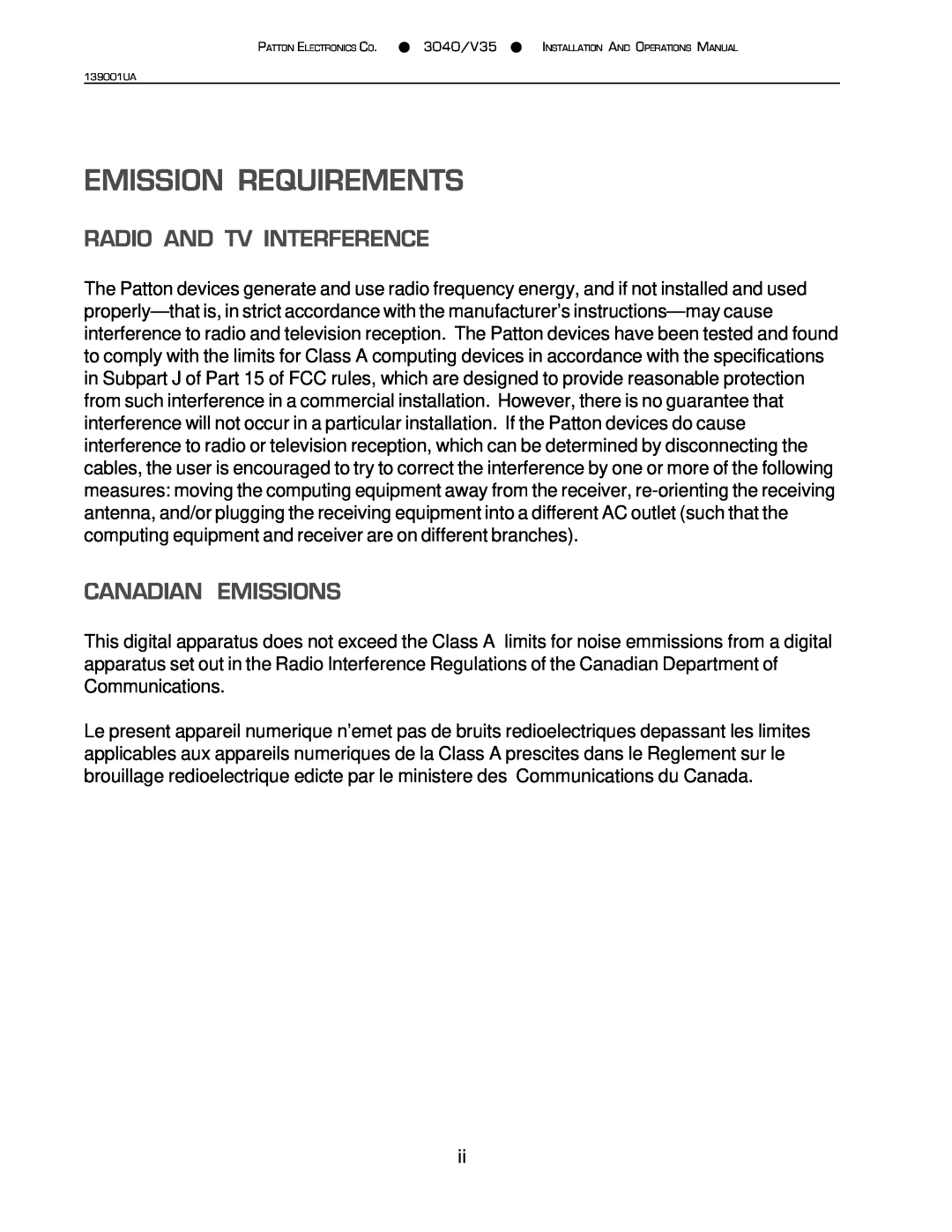 Patton electronic 3040/V35 manual Emission Requirements, Radio And Tv Interference, Canadian Emissions 