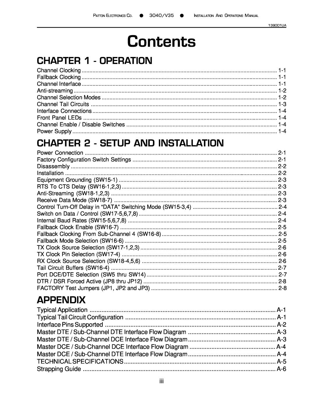 Patton electronic 3040/V35 manual Contents, Operation, Setup And Installation, Appendix 