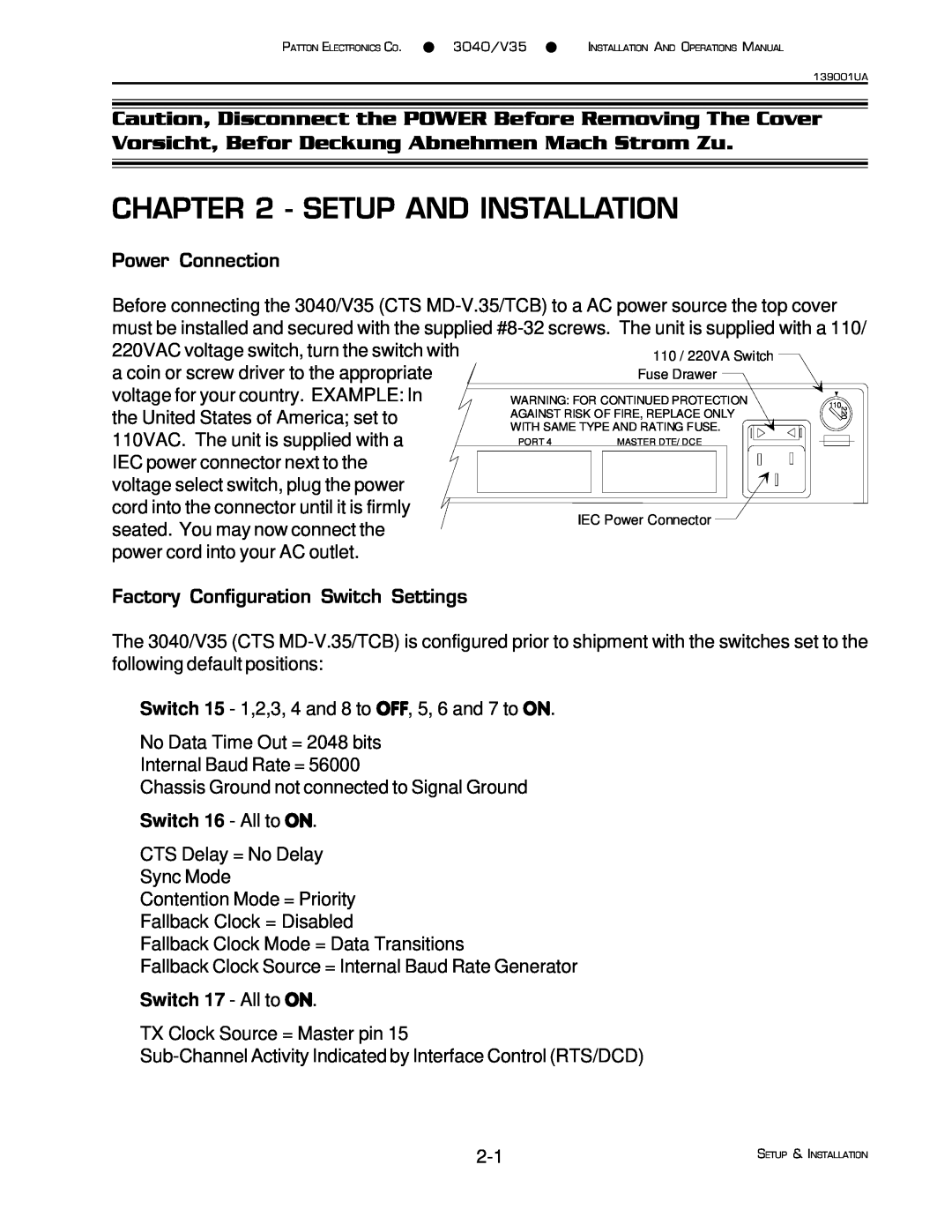 Patton electronic 3040/V35 manual Setup And Installation, Power Connection, Factory Configuration Switch Settings 
