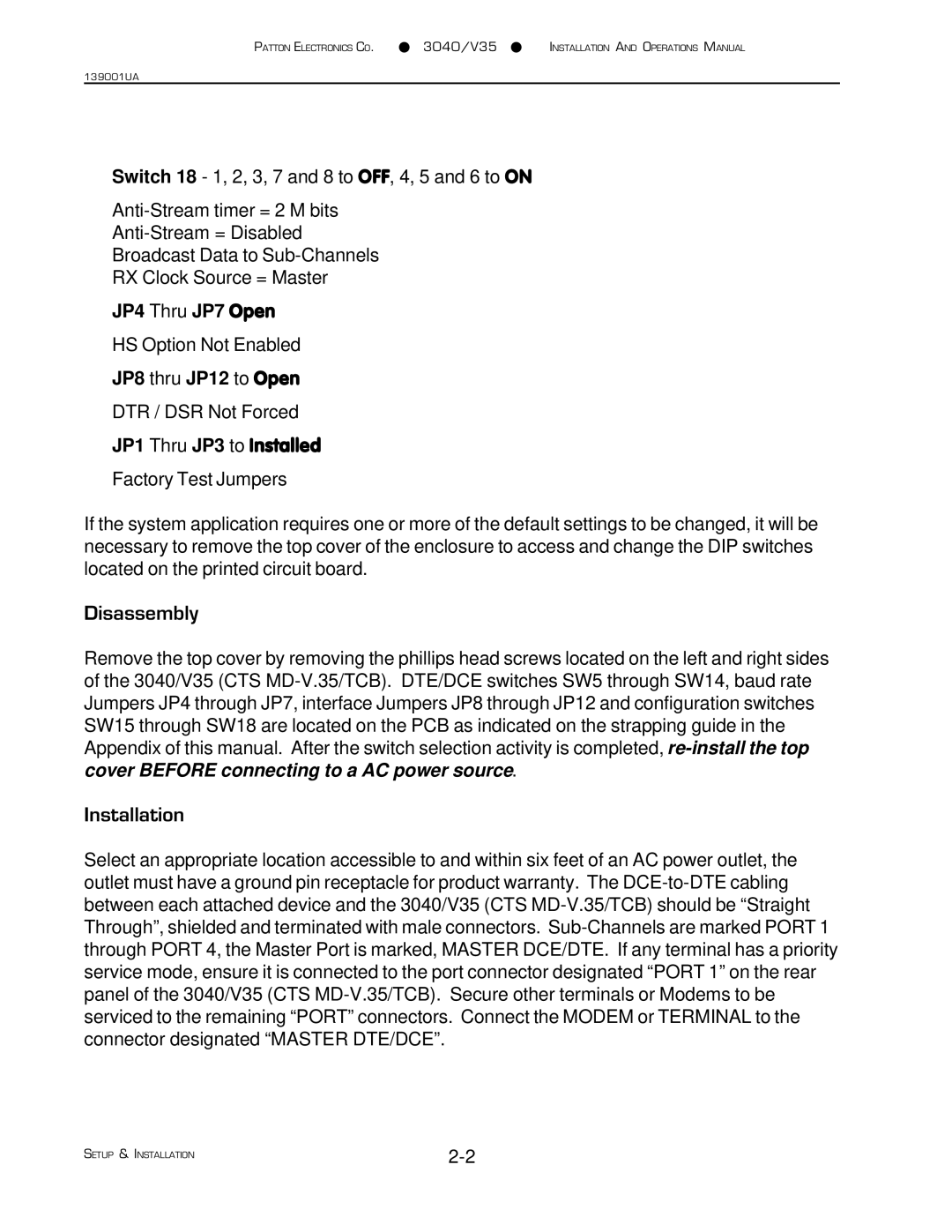 Patton electronic 3040/V35 manual JP4 Thru JP7 Open 