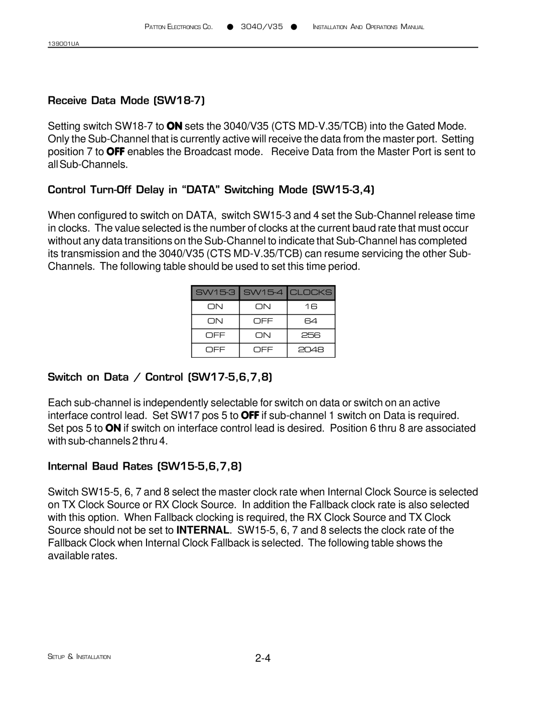 Patton electronic 3040/V35 manual SW15-3 SW15-4 Clocks 