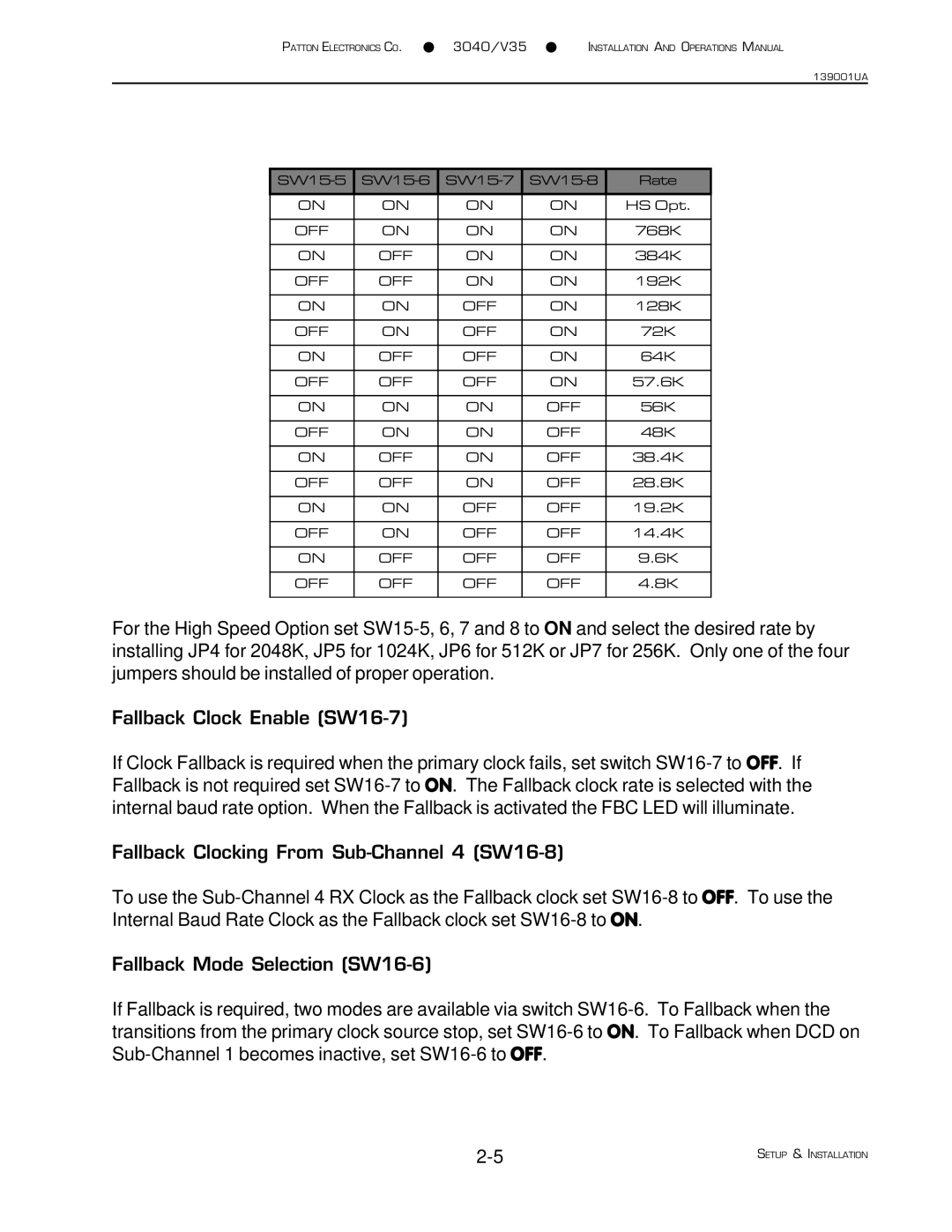 Patton electronic 3040/V35 manual SW15-5 SW15-6 SW15-7 SW15-8 Rate HS Opt 