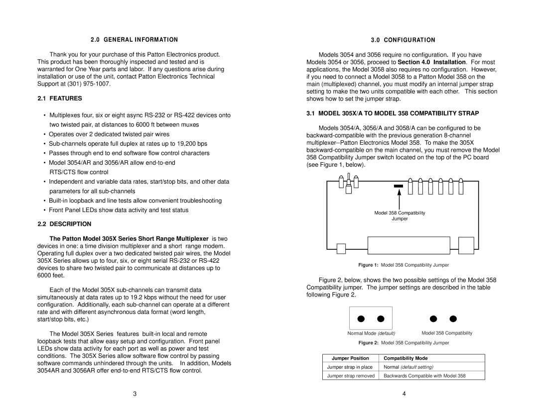 Patton electronic 3054, 3058, 3056 user manual Features, Description, Model 305X/A to Model 358 Compatibility Strap 