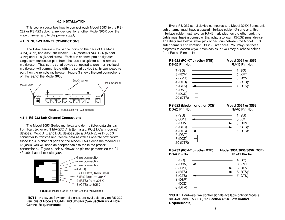 Patton electronic 3058, 3054, 3056 user manual Installation, SUB-CHANNEL Connections 