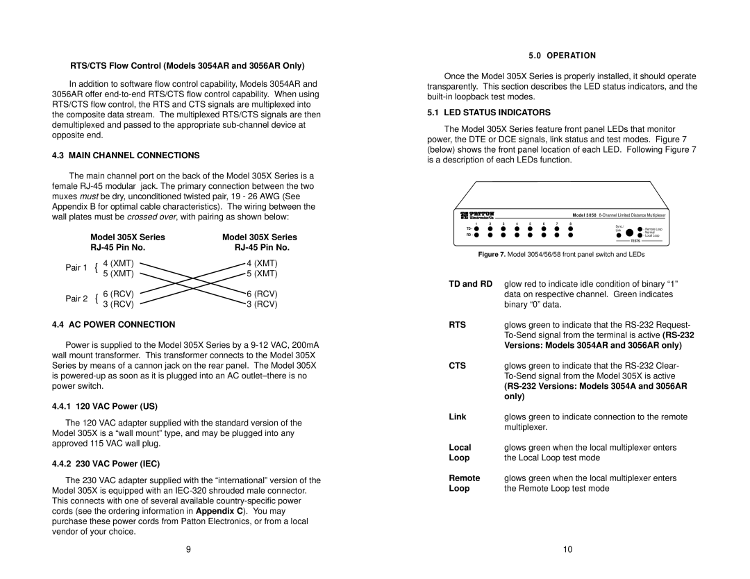 Patton electronic 3054, 3058, 3056 user manual Main Channel Connections, AC Power Connection, LED Status Indicators, Rts, Cts 