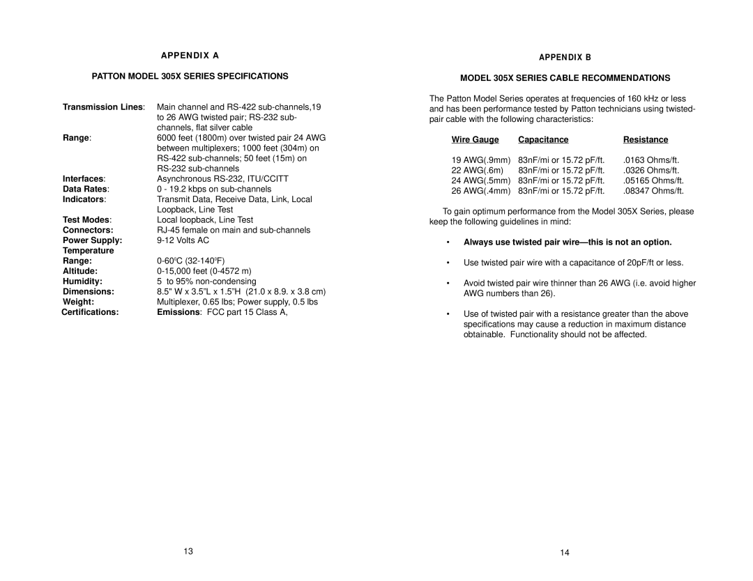 Patton electronic 3056, 3054 Appendix a Patton Model 305X Series Specifications, Model 305X Series Cable Recommendations 