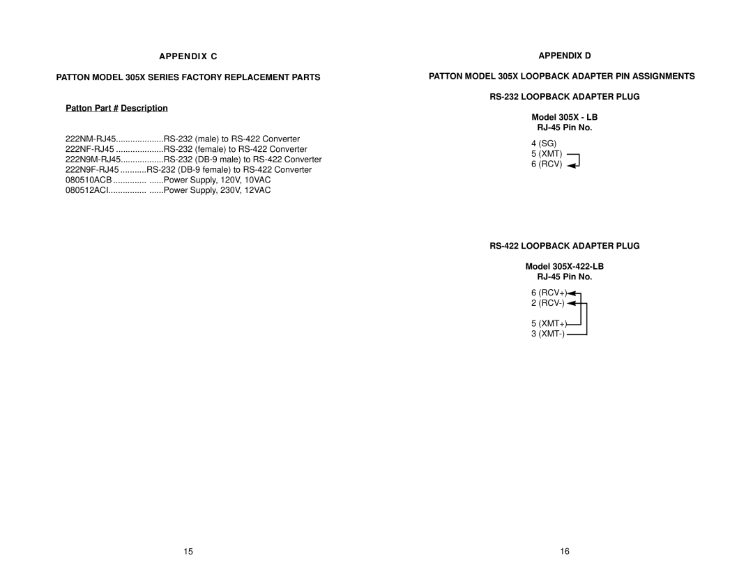 Patton electronic 3054, 3058, 3056 user manual Patton Description, Model 305X LB RJ-45 Pin No, RS-422 Loopback Adapter Plug 