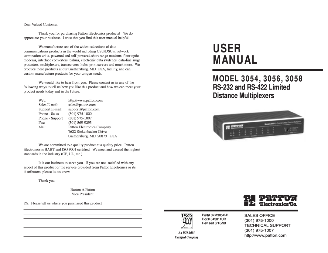 Patton electronic 3058, 3054, 3056 user manual Model, RS-232 and RS-422 Limited Distance Multiplexers 