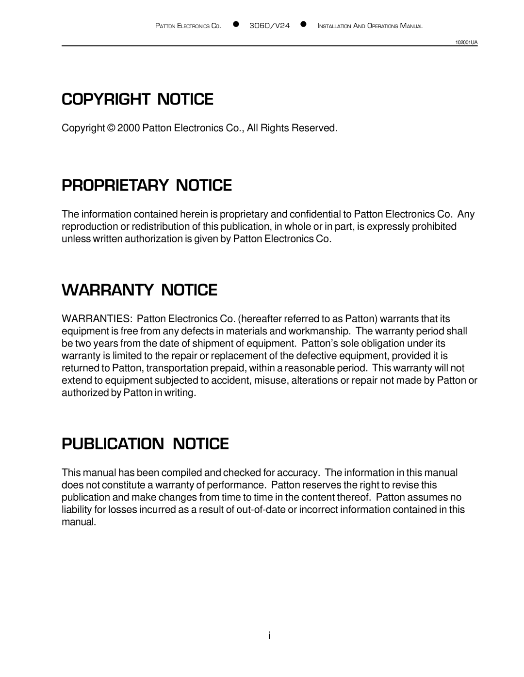 Patton electronic 3060/V24 manual Copyright Notice, Proprietary Notice, Warranty Notice, Publication Notice 