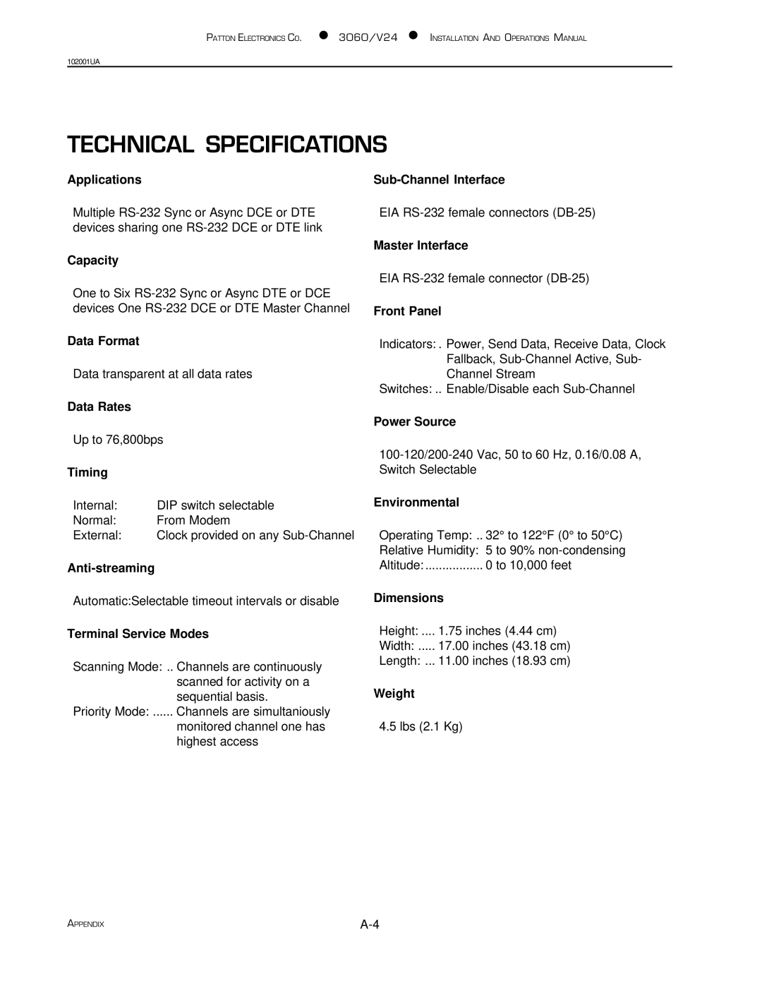 Patton electronic 3060/V24 manual Technical Specifications, Timing 