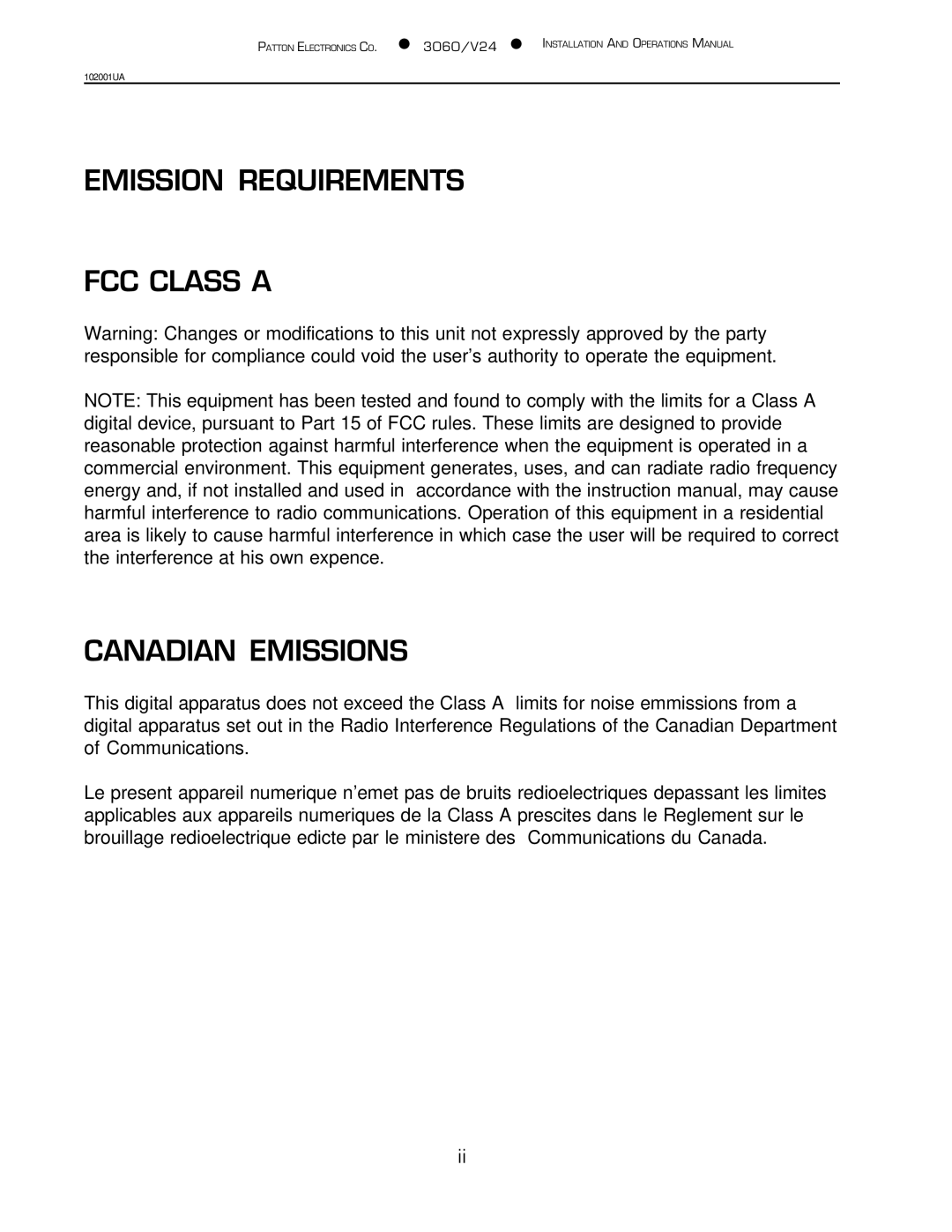 Patton electronic 3060/V24 manual Emission Requirements FCC Class a Canadian Emissions 