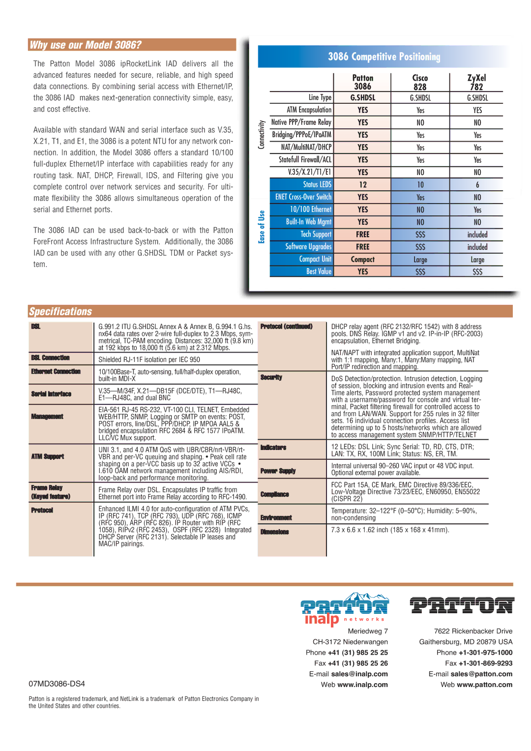 Patton electronic 3086 At 192 kbps to 18,000 ft 5.6 km at 2.312 Mbps, DSL Connection Shielded RJ-11F isolation per IEC 