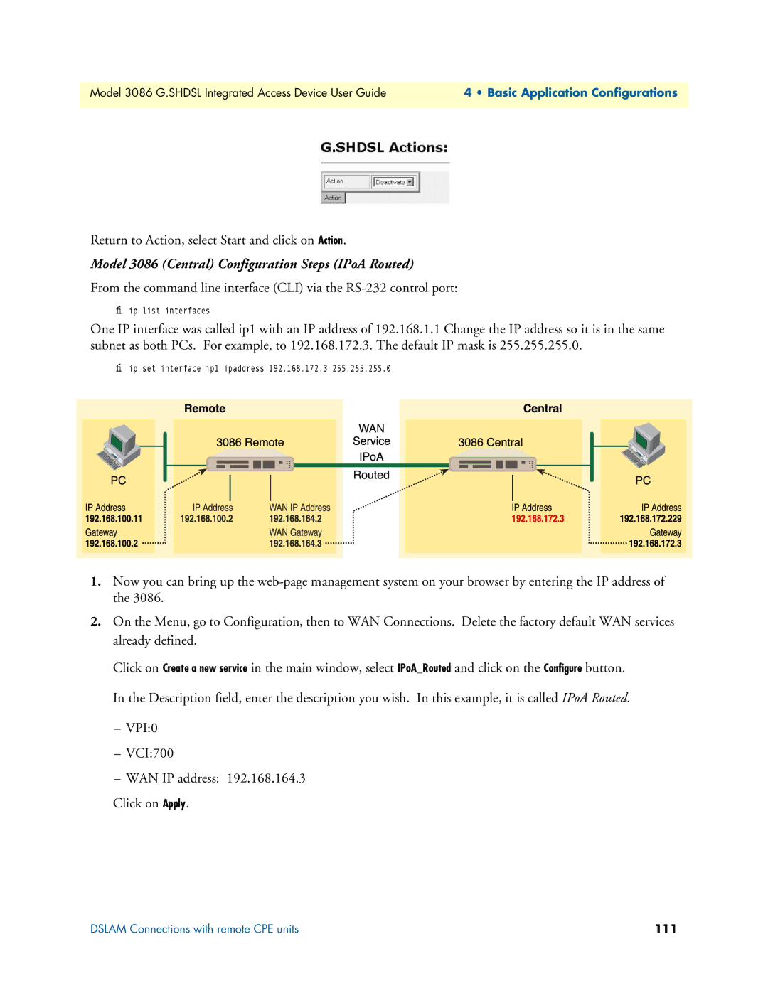 Patton electronic Model 3086 Central Configuration Steps IPoA Routed, VPI0 VCI700 WAN IP address Click on Apply, 111 