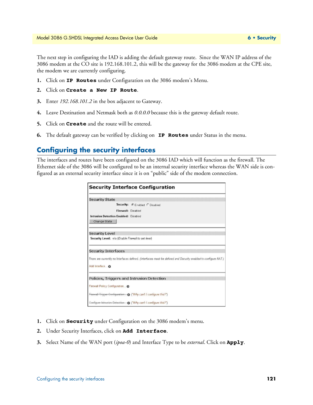 Patton electronic 3086 manual Configuring the security interfaces, Security, 121 