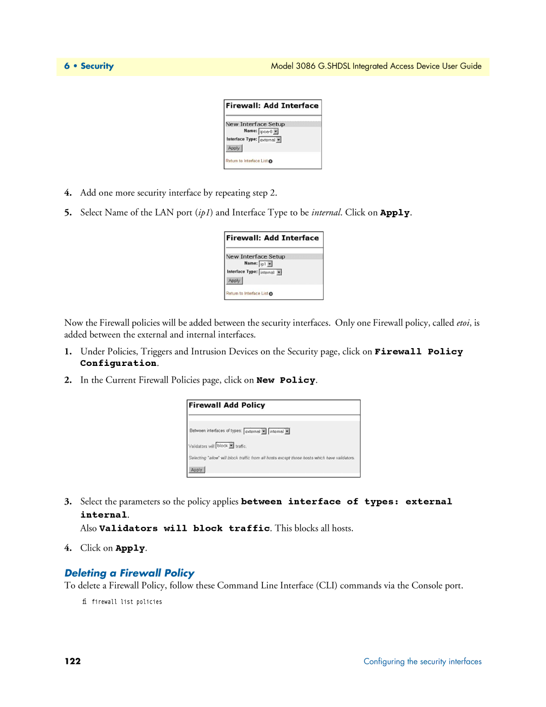 Patton electronic 3086 manual Deleting a Firewall Policy, 122 