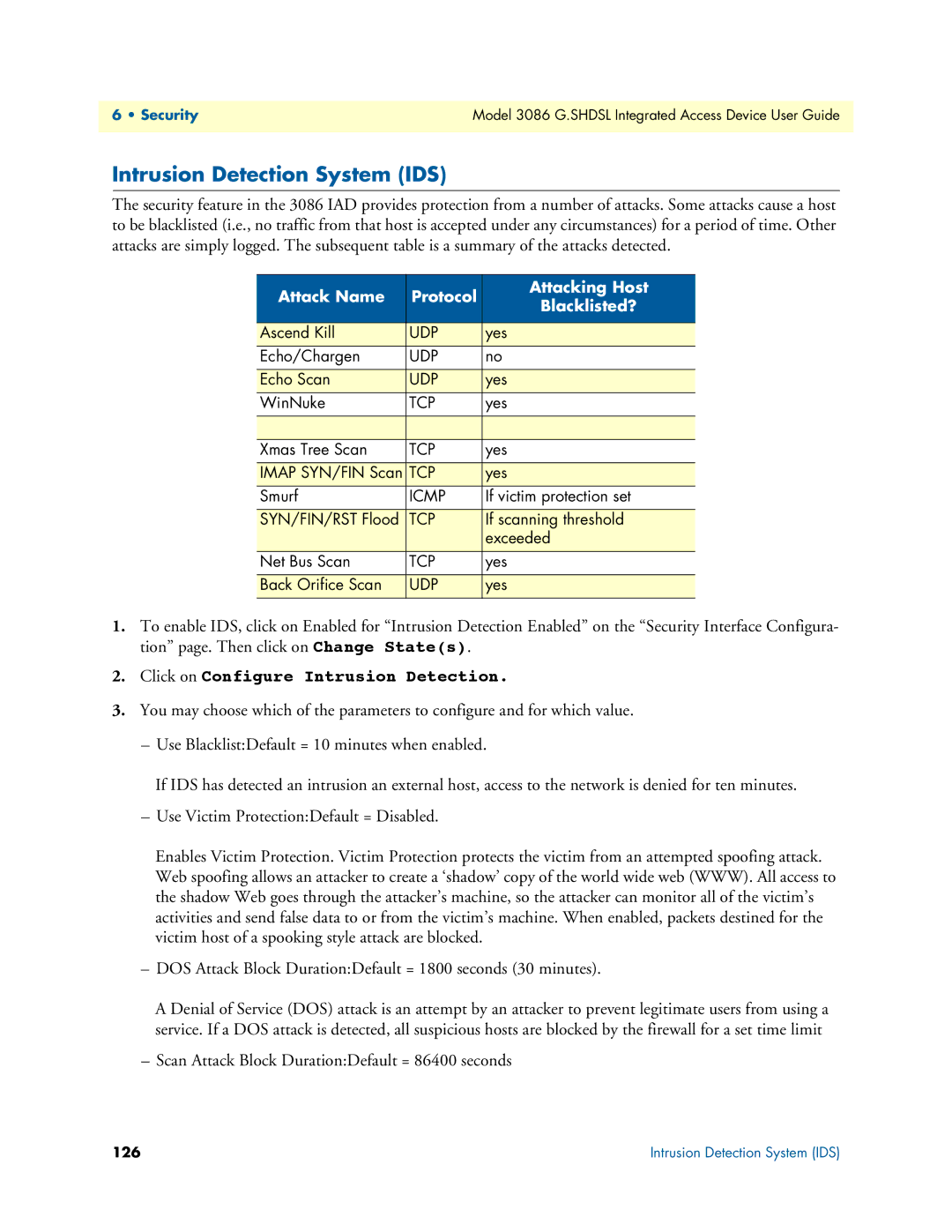 Patton electronic 3086 manual Intrusion Detection System IDS, Scan Attack Block DurationDefault = 86400 seconds, 126 