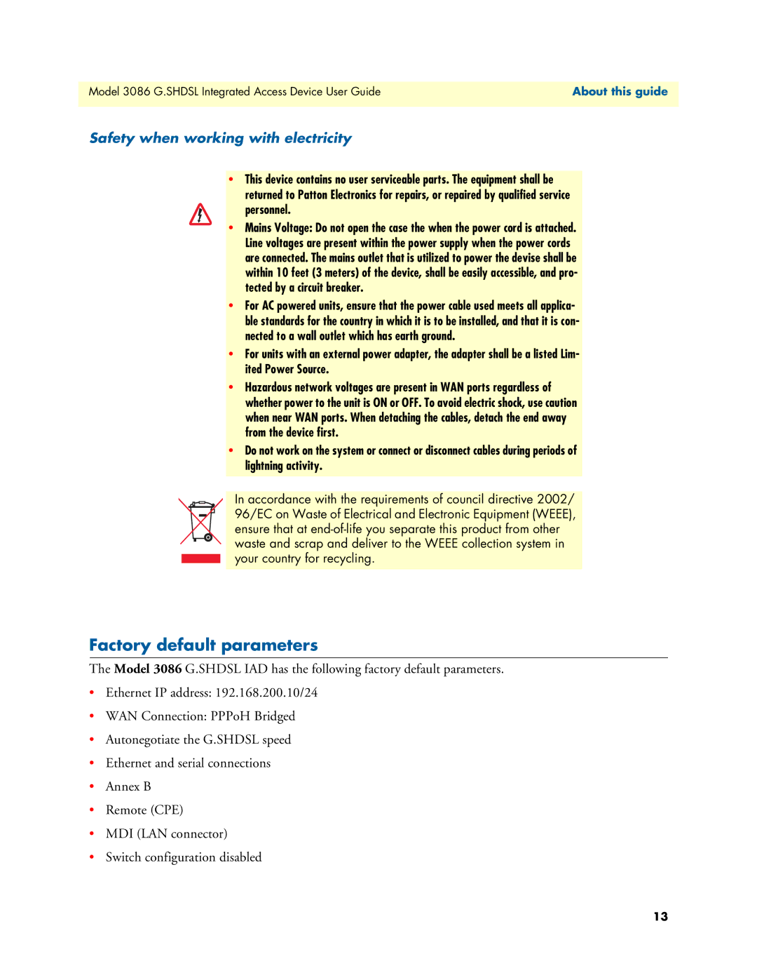 Patton electronic 3086 manual Factory default parameters, Safety when working with electricity, About this guide 