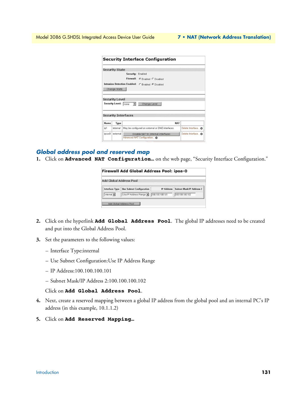 Patton electronic 3086 manual Global address pool and reserved map, NAT Network Address Translation, 131 