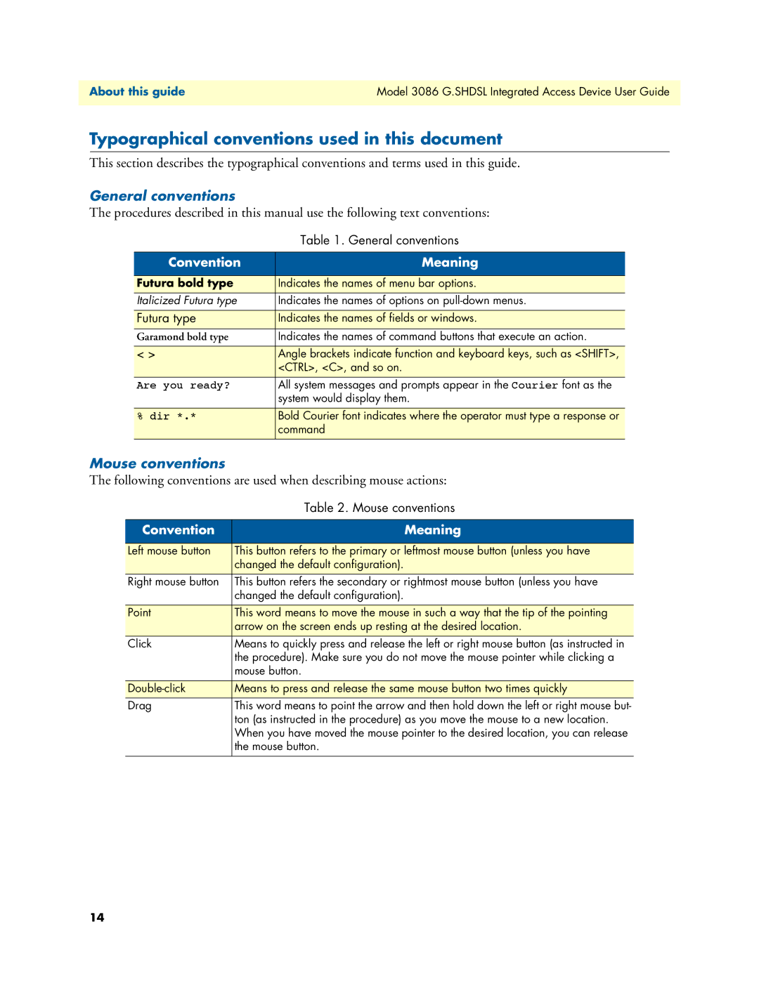 Patton electronic 3086 manual Typographical conventions used in this document, General conventions, Mouse conventions 