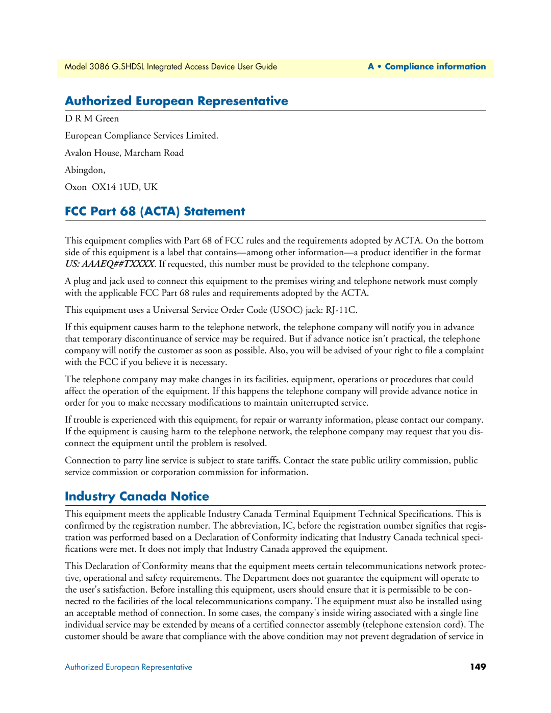 Patton electronic 3086 manual Authorized European Representative, FCC Part 68 Acta Statement, Industry Canada Notice, 149 