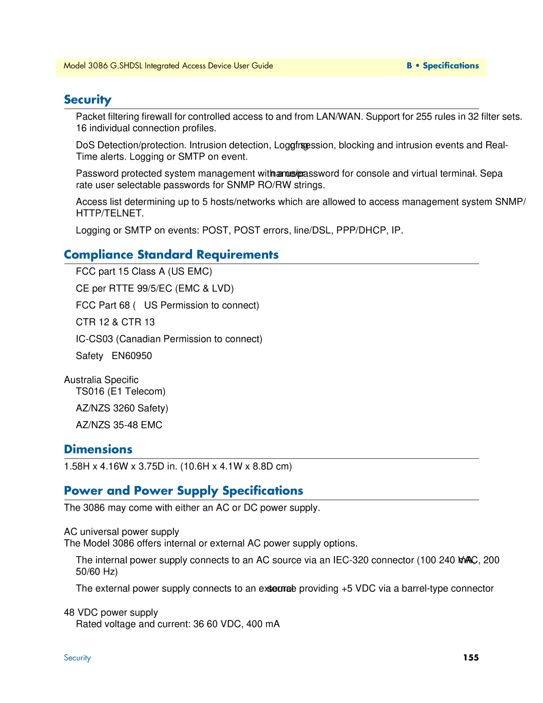 Patton electronic 3086 manual Security, Compliance Standard Requirements, Dimensions, Power and Power Supply Specifications 