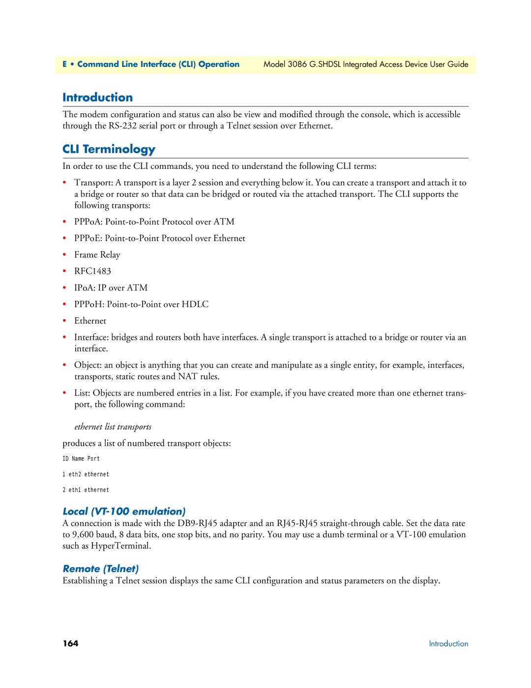 Patton electronic 3086 manual CLI Terminology, Produces a list of numbered transport objects, Local VT-100 emulation, 164 