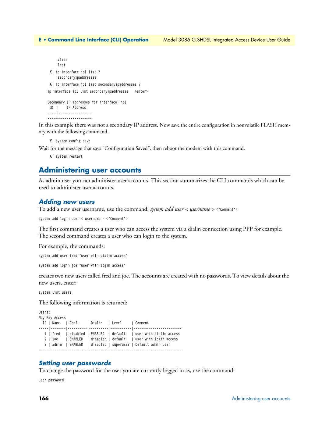 Patton electronic 3086 manual Administering user accounts, Adding new users, Following information is returned, 166 