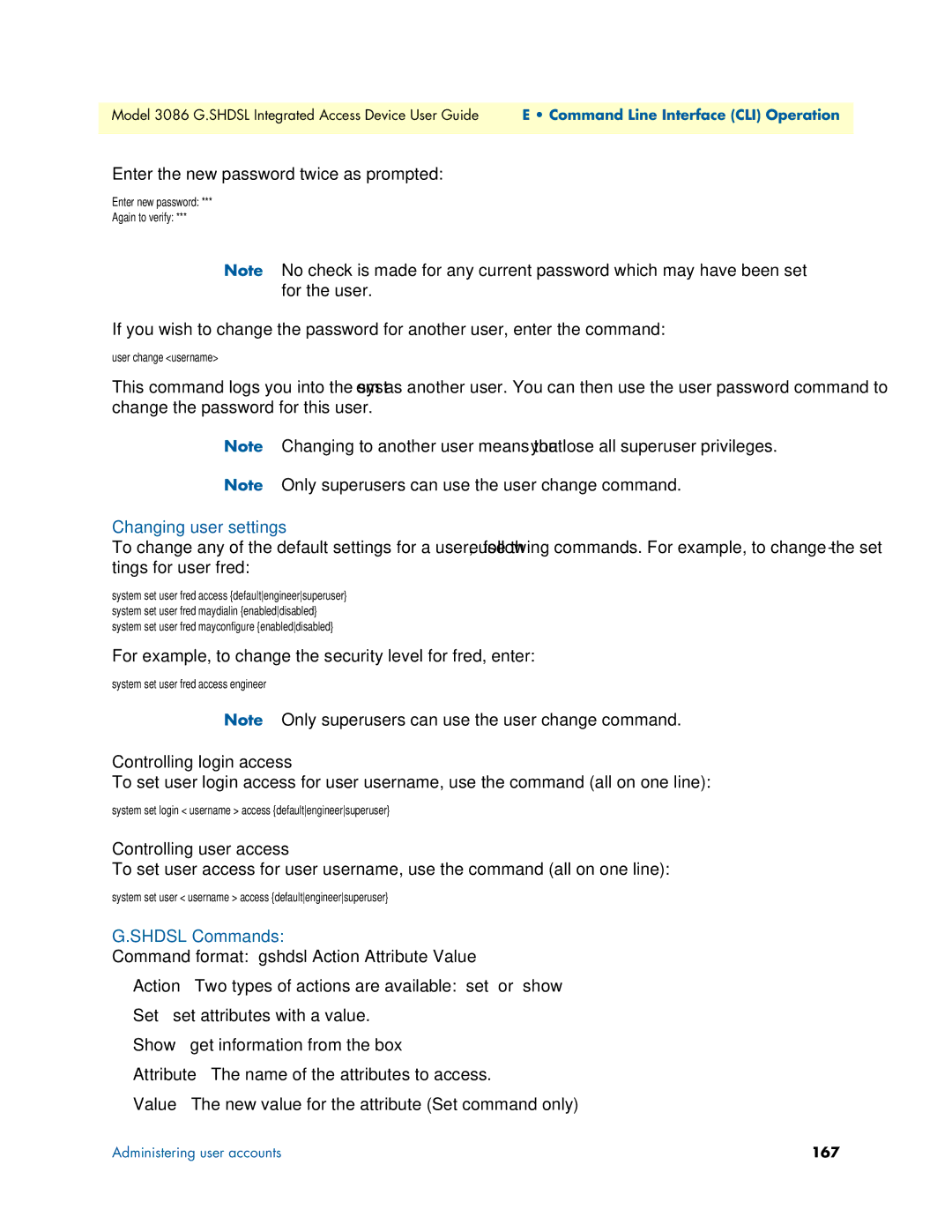 Patton electronic 3086 manual Changing user settings, Controlling login access, Controlling user access, Shdsl Commands 