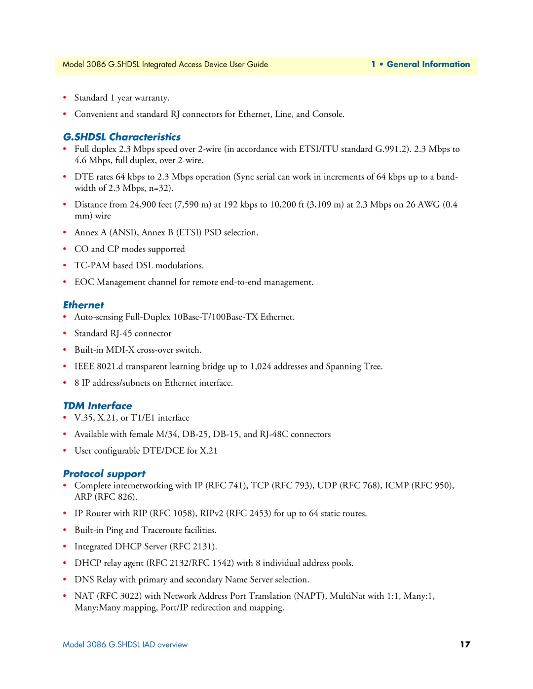 Patton electronic 3086 manual Shdsl Characteristics, Ethernet, TDM Interface, Protocol support, General Information 