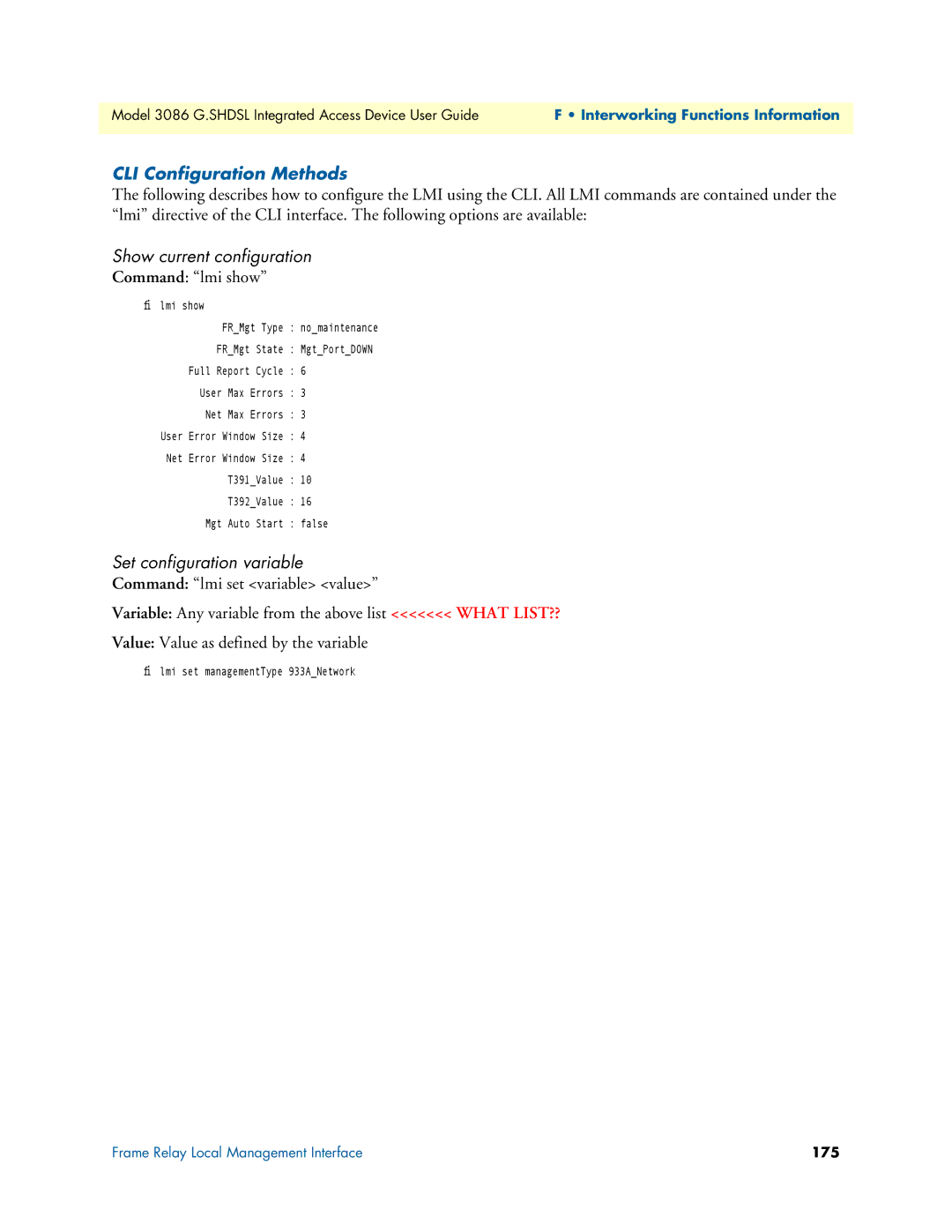 Patton electronic 3086 CLI Configuration Methods, Show current configuration, Command lmi show, Set configuration variable 