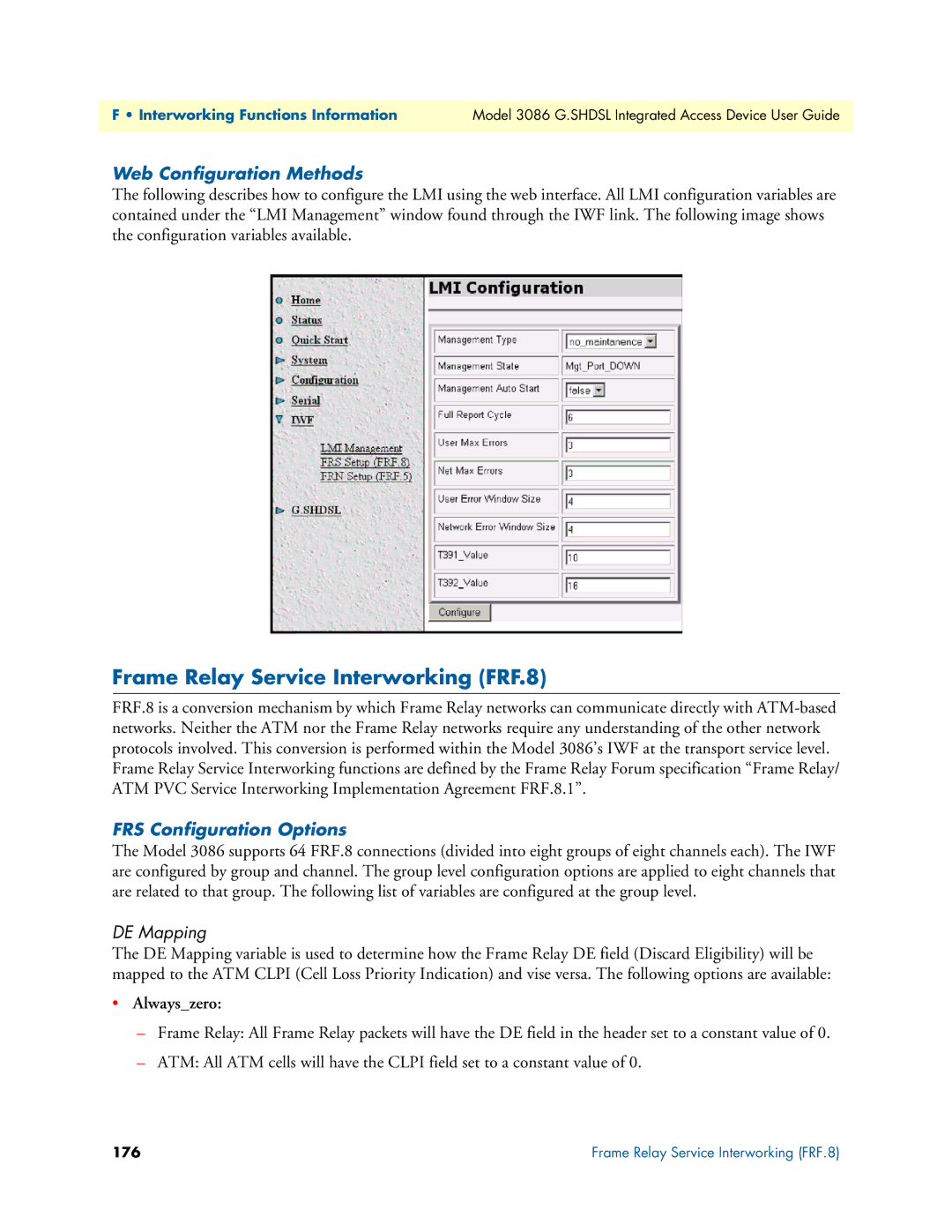 Patton electronic 3086 Frame Relay Service Interworking FRF.8, Web Configuration Methods, FRS Configuration Options, 176 