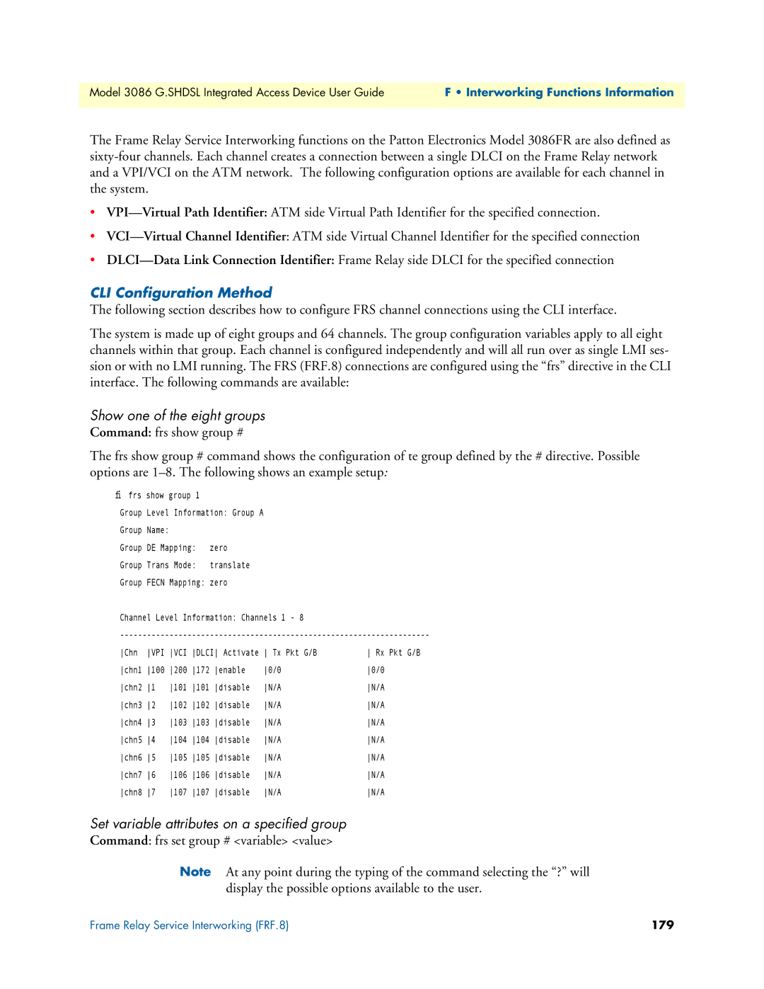 Patton electronic 3086 CLI Configuration Method, Show one of the eight groups, Command frs set group # variable value, 179 