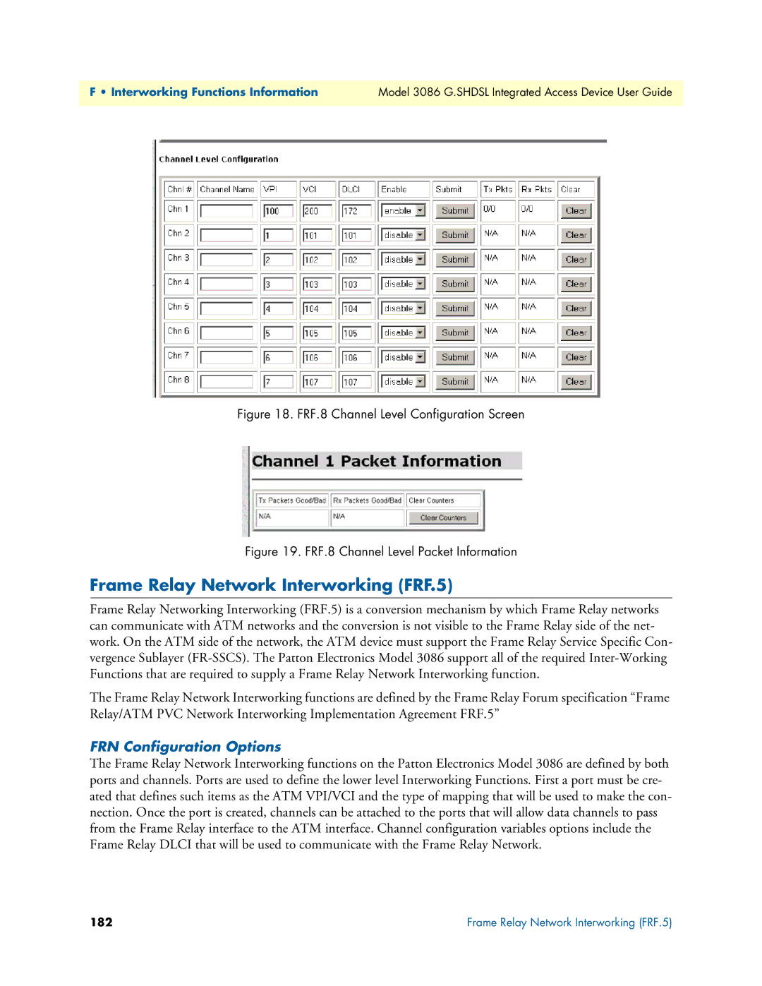 Patton electronic 3086 manual Frame Relay Network Interworking FRF.5, FRN Configuration Options, 182 