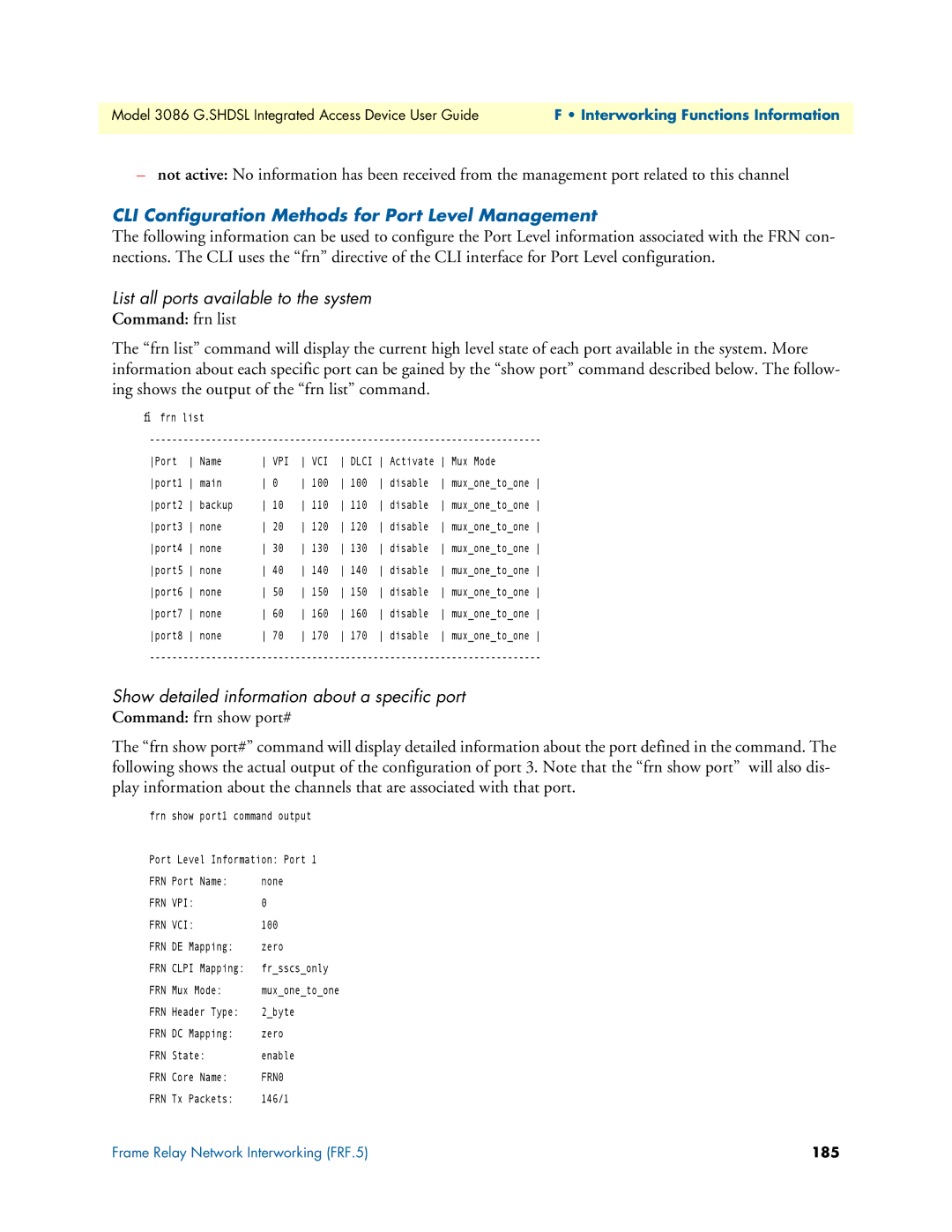 Patton electronic 3086 CLI Configuration Methods for Port Level Management, List all ports available to the system, 185 