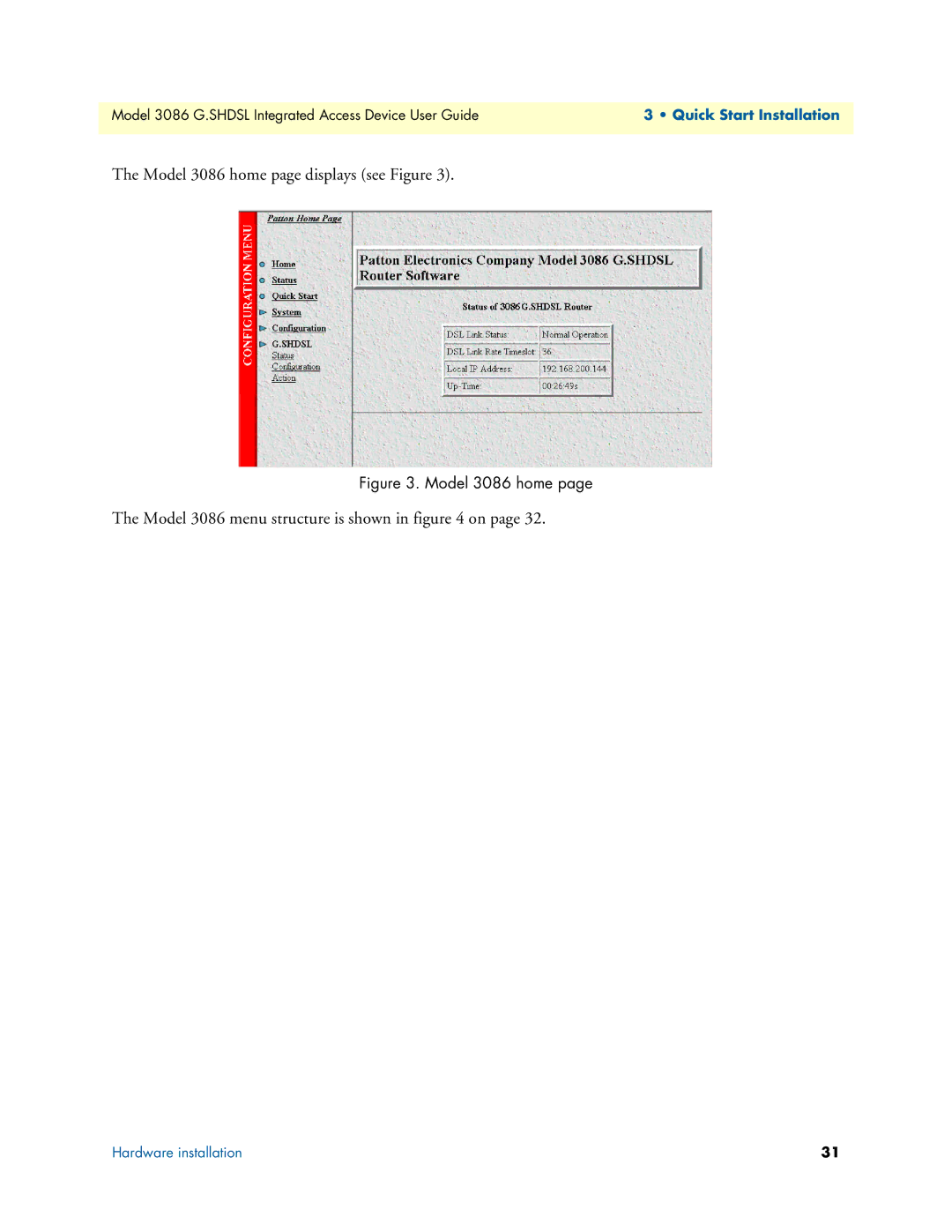 Patton electronic manual Model 3086 home page displays see Figure, Model 3086 menu structure is shown in on 