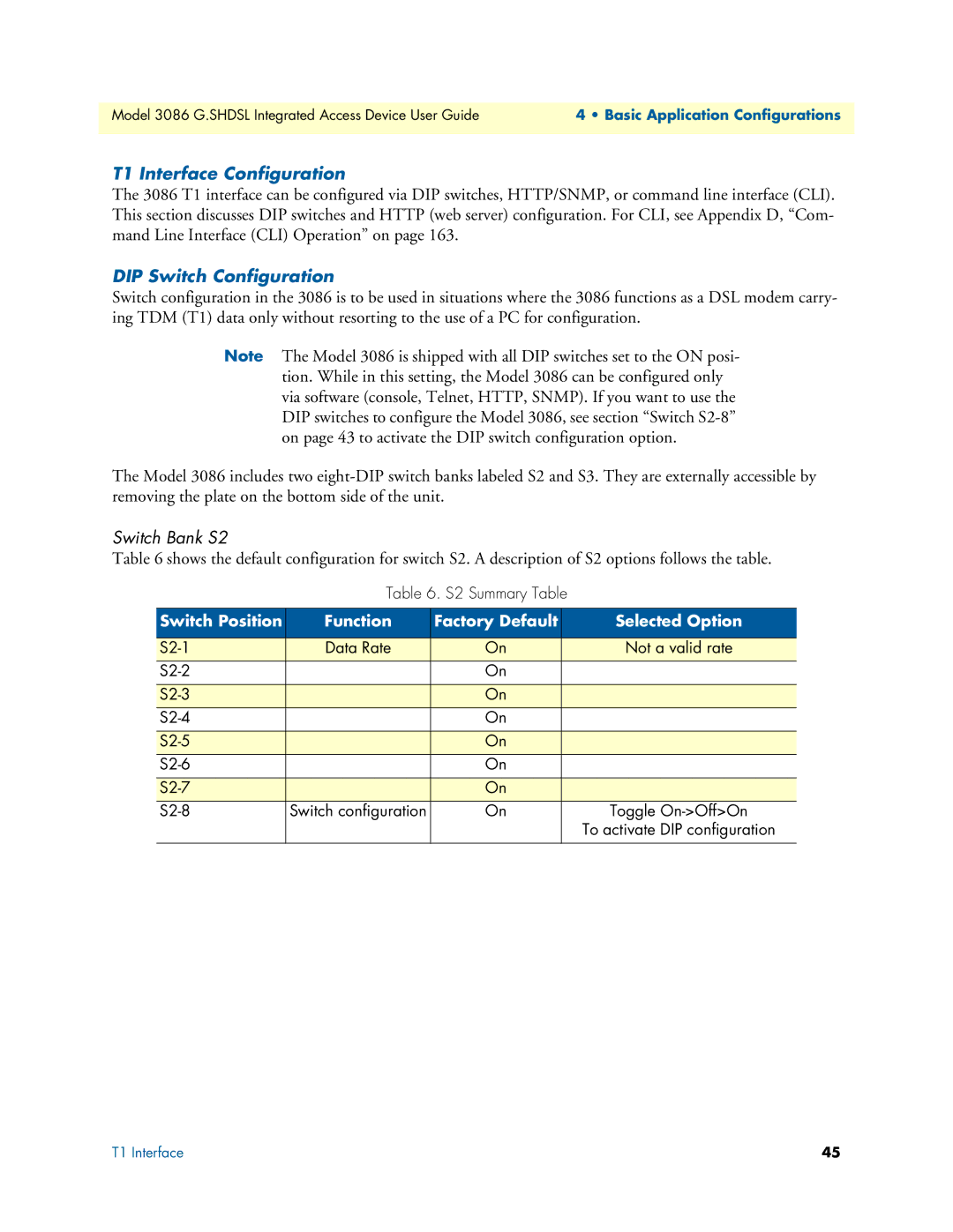 Patton electronic 3086 manual T1 Interface Configuration, DIP Switch Configuration 