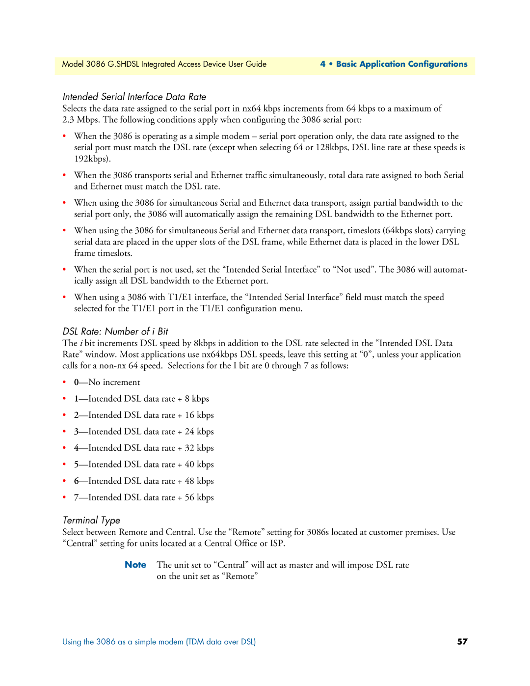 Patton electronic 3086 manual Intended Serial Interface Data Rate, DSL Rate Number of i Bit, Terminal Type 