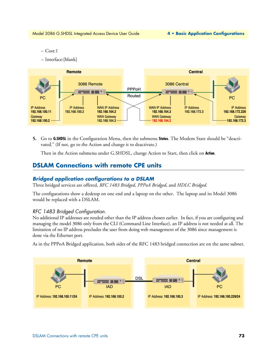 Patton electronic 3086 manual Dslam Connections with remote CPE units, Bridged application configurations to a Dslam 