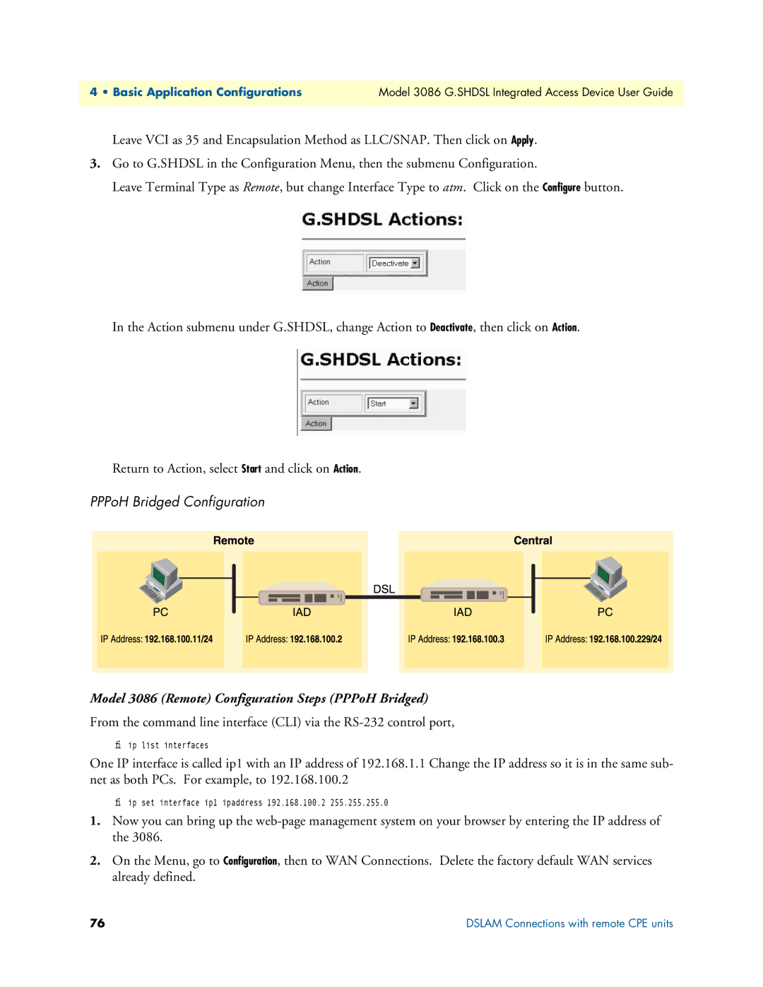 Patton electronic manual PPPoH Bridged Configuration, Model 3086 Remote Configuration Steps PPPoH Bridged 