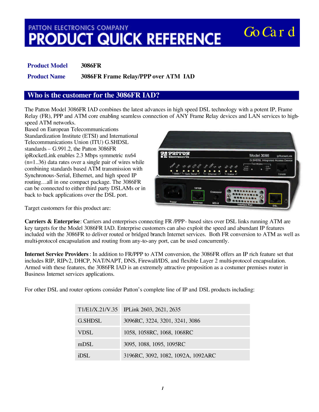 Patton electronic manual GoCard, Who is the customer for the 3086FR IAD? 