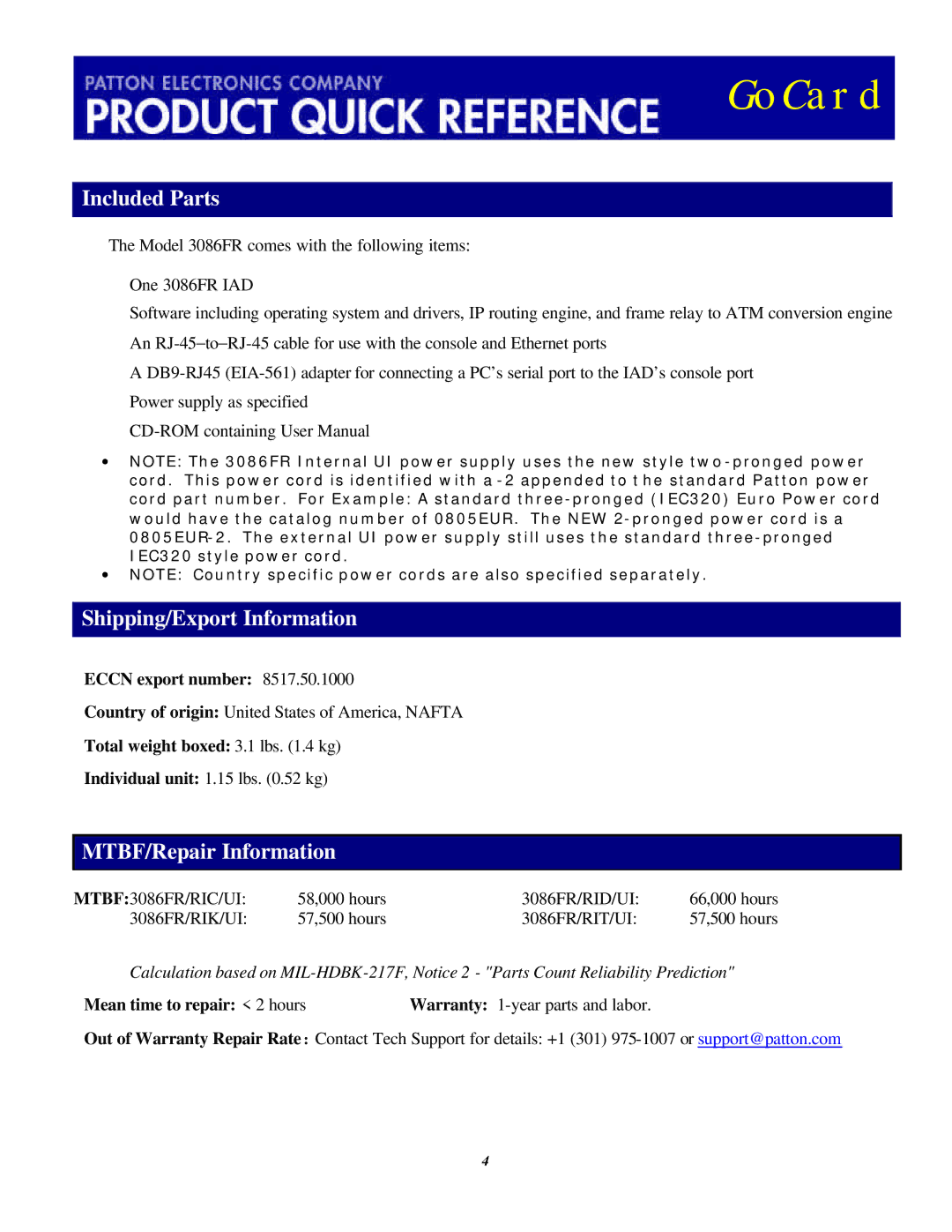 Patton electronic 3086FR manual Included Parts, Shipping/Export Information, MTBF/Repair Information 