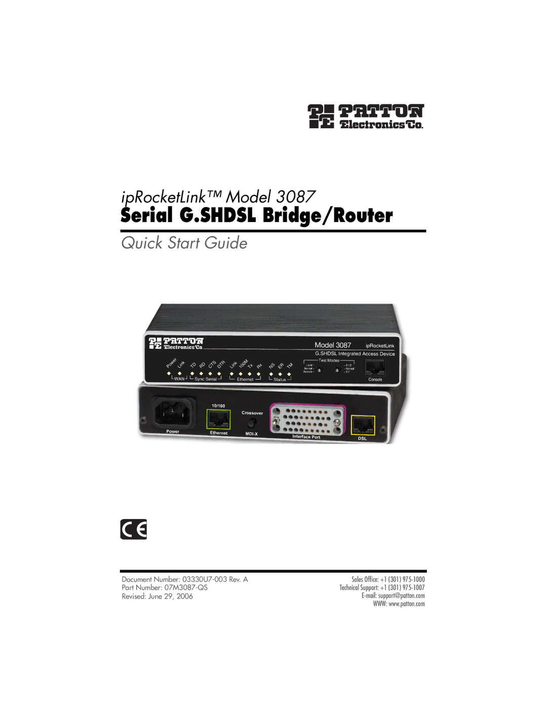 Patton electronic 3087 quick start Serial G.SHDSL Bridge/Router 