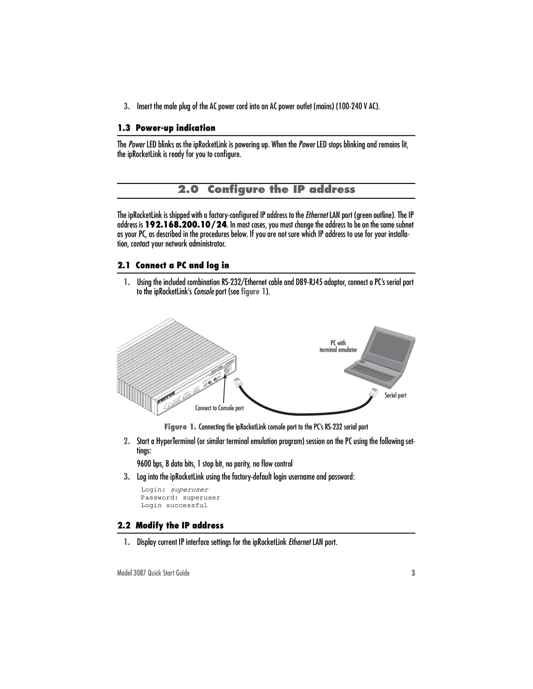 Patton electronic 3087 Conﬁgure the IP address, Power-up indication, Connect a PC and log, Modify the IP address 