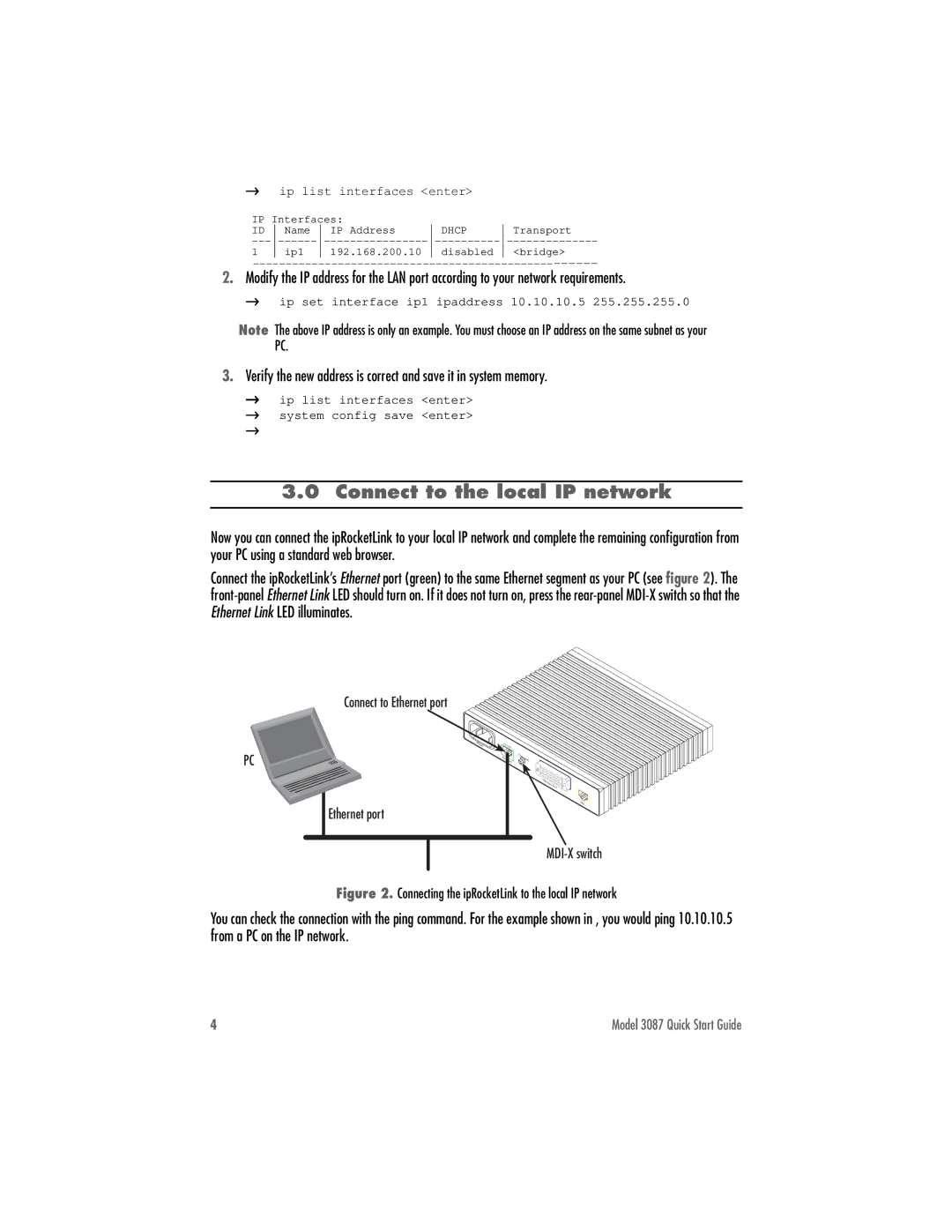 Patton electronic 3087 quick start Connect to the local IP network, Connecting the ipRocketLink to the local IP network 