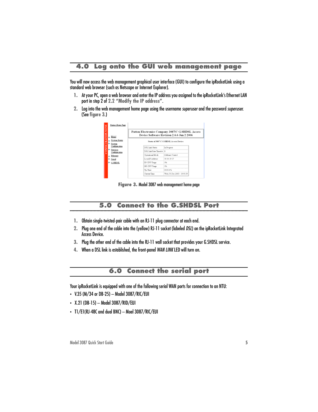 Patton electronic 3087 quick start Log onto the GUI web management, Connect to the G.SHDSL Port, Connect the serial port 