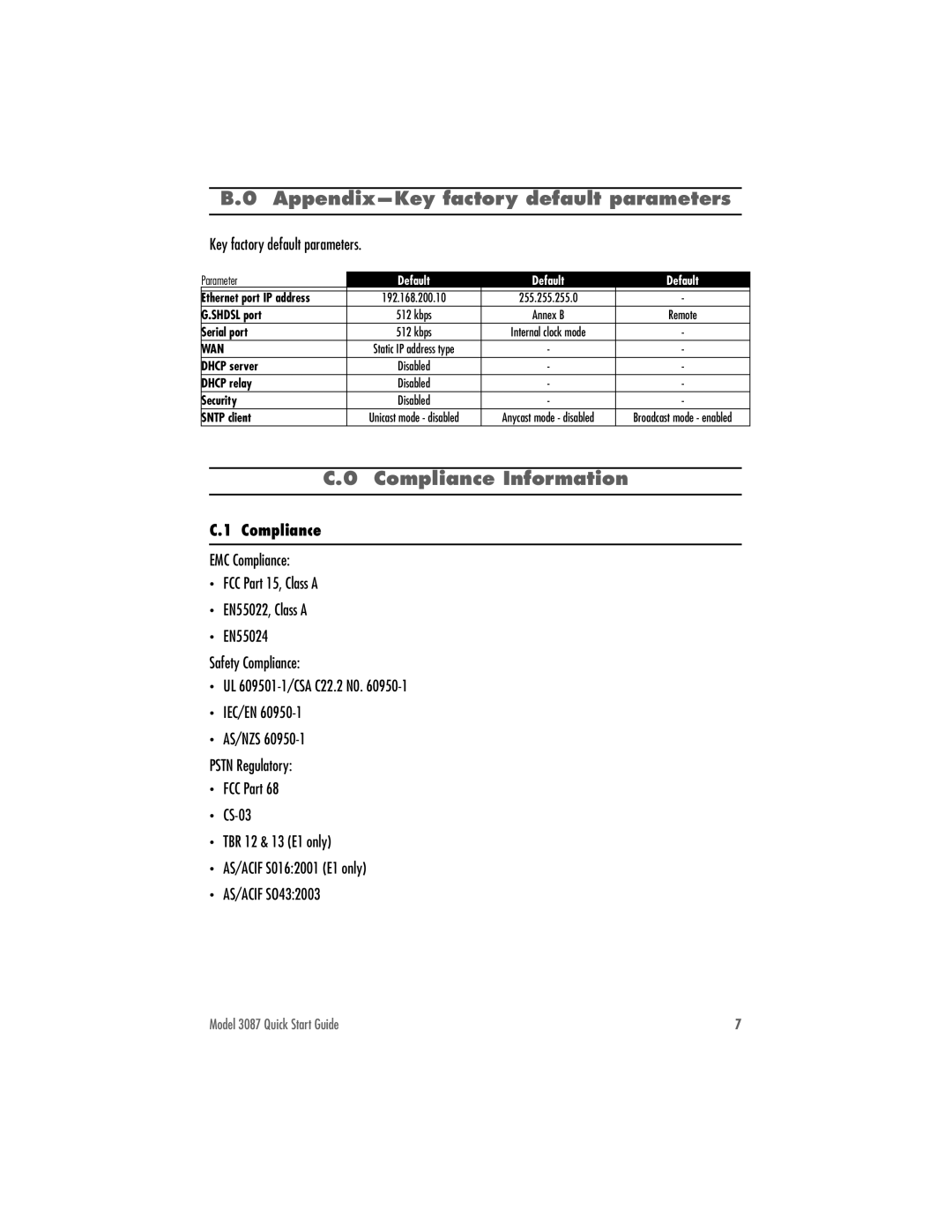 Patton electronic 3087 quick start Appendix-Key factory default parameters, Compliance Information 