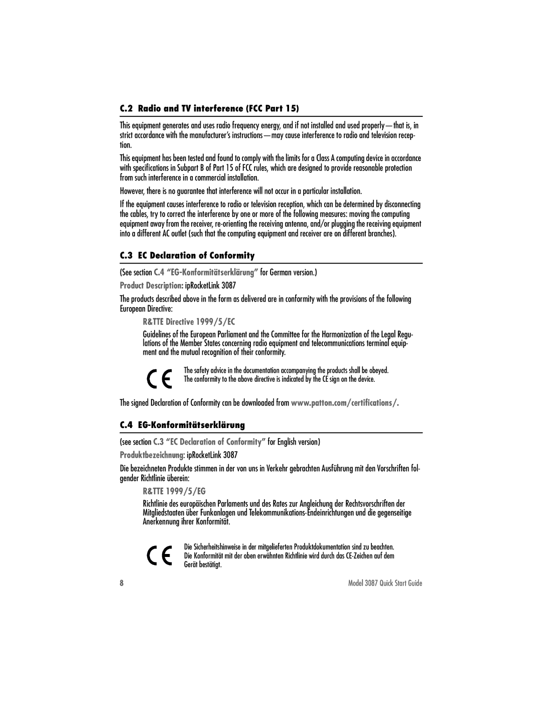 Patton electronic 3087 Radio and TV interference FCC Part, EC Declaration of Conformity, EG-Konformitätserklärung 