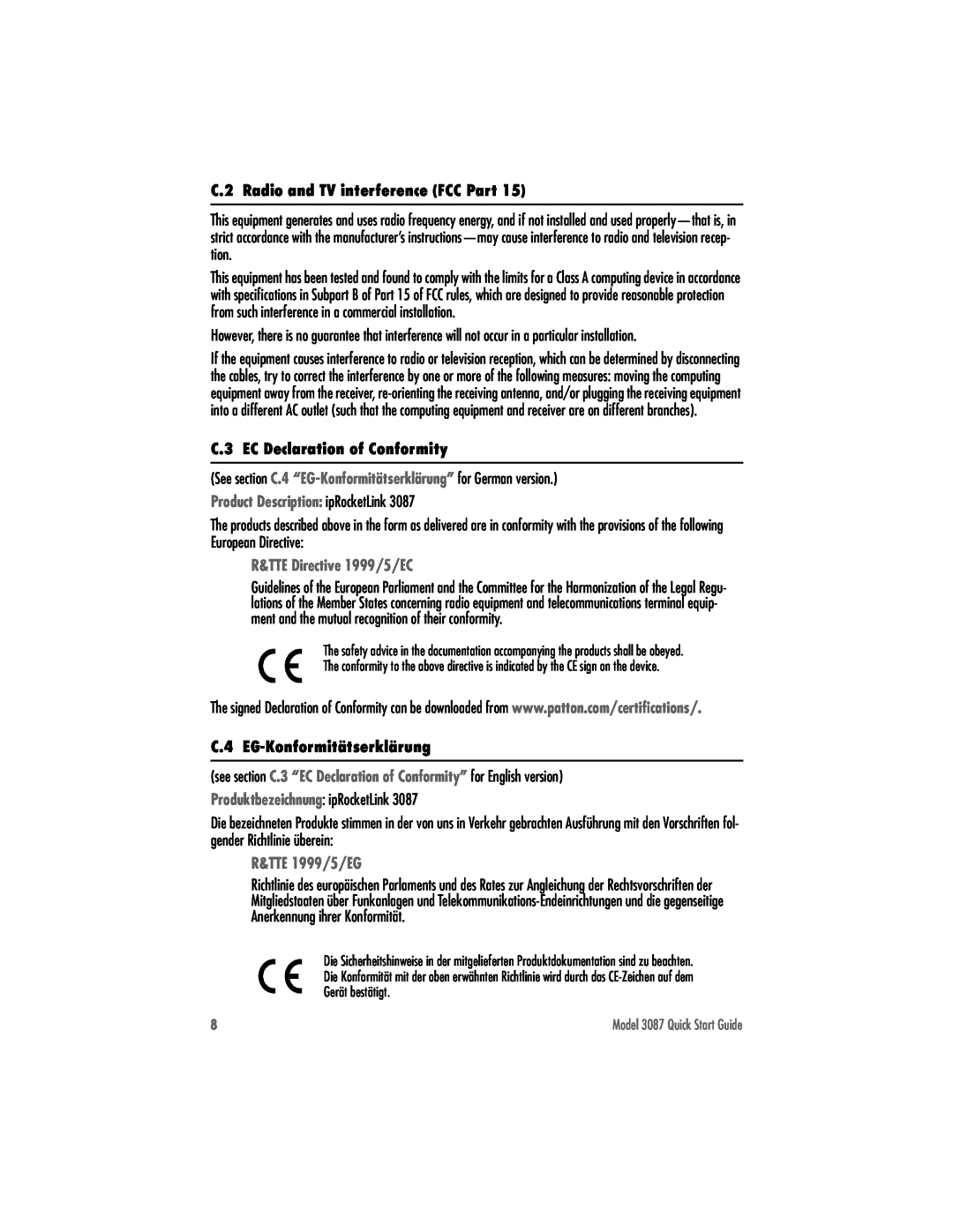 Patton electronic 3087 C.2 Radio and TV interference FCC Part, C.3 EC Declaration of Conformity, R&TTE Directive 1999/5/EC 