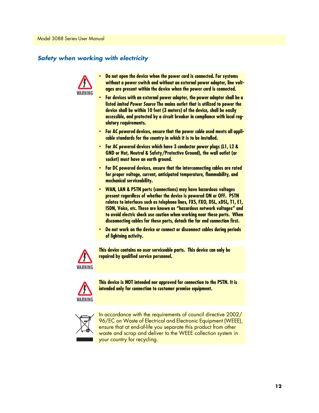 Patton electronic 3088 Series user manual Safety when working with electricity 