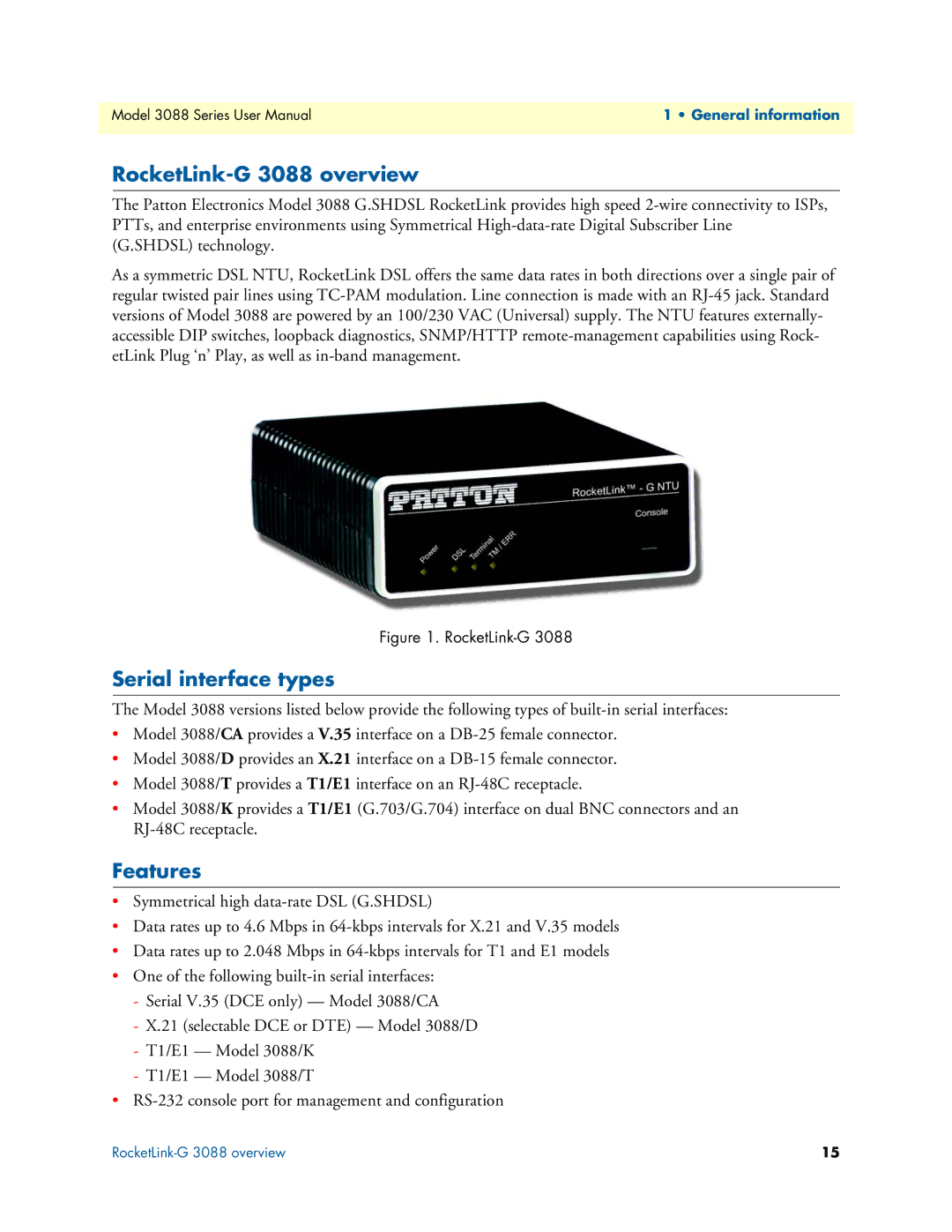 Patton electronic 3088 Series user manual RocketLink-G 3088 overview, Serial interface types, Features 